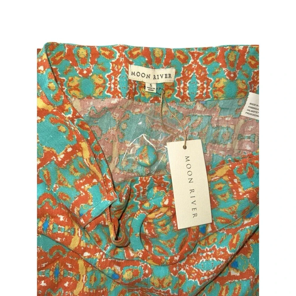 Anthropologie Moon River Belted Printed Flowy Shorts Turquoise Orange Size S NWT
